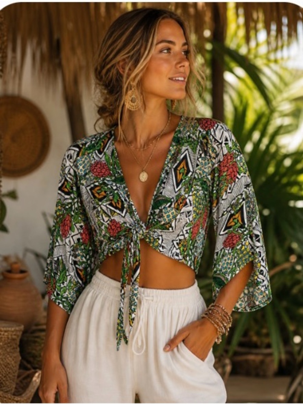 Spoon Jeans Tie Front Crop Top Bell Sleeve Ankara Dashiki Tropical Maximalist L